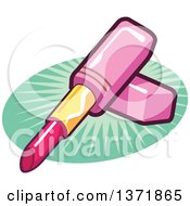 Clipart Of A Tube Of Pink Lipstick Over A Green Oval Royalty Free Vector Illustration by Clip Art Mascots