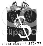 Poster, Art Print Of Black And White Woodcut Couple Trying To Stay Afloat Pulling Up A Money Dollar Symbol With A Net