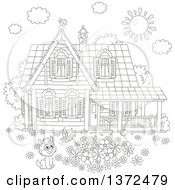 Clipart Of A Black And White Scene Of A Kitten Watching A Butterfly In A Flower Garden In The Yard Of A Home With A Shining Sun And Rooster On The Roof Royalty Free Vector Illustration by Alex Bannykh
