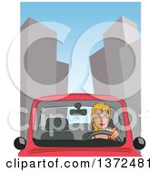 Clipart Of A Blond Caucasian Woman Driving In A City Royalty Free Vector Illustration by David Rey
