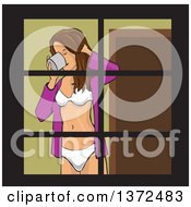 Poster, Art Print Of Brunette Woman In Her Underware Drinking And Being Seen Through Her Window