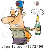 White Business Man Holding An Exploding Bottle Of Champagne At A New Year Party