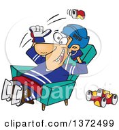 Poster, Art Print Of White Male Hockey Player Or Fan Sitting In A Chair And Tossing Back Beer Cans