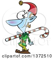 Poster, Art Print Of Blue Christmas Elf Carrying A Cane Over His Shoulder