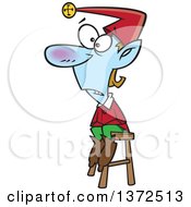 Cartoon Clipart Of A Naughty Blue Christmas Elf Sitting On A Stool Royalty Free Vector Illustration by toonaday