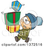 Poster, Art Print Of Nervous Caucasian Boy Carrying A Shaky Stack Of Christmas Gifts