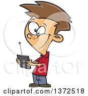 Cartoon Clipart Of A Brunette Caucasian Boy Smiling And Playing With A Remote Control For A Toy Royalty Free Vector Illustration