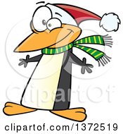 Christmas Penguin Wearing A Scarf And Santa Hat