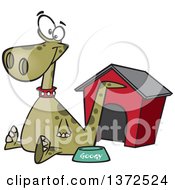 Poster, Art Print Of Happy Green Pet Dinosaur Sitting By A Food Bowl And House