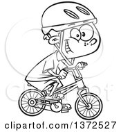 Cartoon Clipart Of A Black And White Little Boy Wearing A Helmet Grinning And Riding A Bicycle Royalty Free Vector Illustration by toonaday