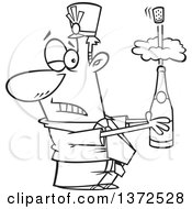 Cartoon Clipart Of A Black And White Business Man Holding An Exploding Bottle Of Champagne At A New Year Party Royalty Free Vector Illustration by toonaday