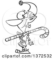 Cartoon Clipart Of A Black And White Christmas Elf Carrying A Cane Over His Shoulder Royalty Free Vector Illustration