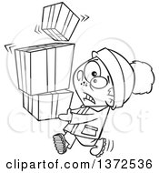Poster, Art Print Of Black And White Nervous Boy Carrying A Shaky Stack Of Christmas Gifts