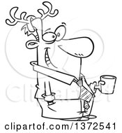 Cartoon Clipart Of A Black And White Happy Festive Man Wearing Antlers And Holding A Drink At A Christmas Party Royalty Free Vector Illustration