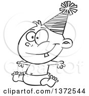 Poster, Art Print Of Black And White Happy New Year Baby Sitting In A Diaper And Wearing A Party Hat