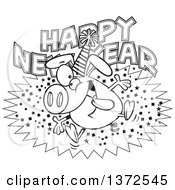 Poster, Art Print Of Black And White Hyper Pig Wearing A Party Hat And Jumping Over A Happy New Year Greeting