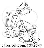 Poster, Art Print Of Black And White Christmas Penguin Running With A Stack Of Gifts