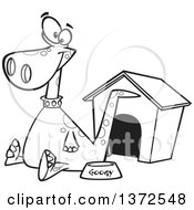 Cartoon Clipart Of A Black And White Happy Pet Dinosaur Sitting By A Food Bowl And House Royalty Free Vector Illustration