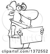 Cartoon Clipart Of A Black And White Happy Senior Man Holding A Blank Sign Royalty Free Vector Illustration by toonaday