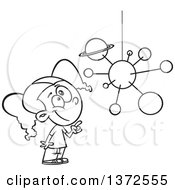 Black And White Smart School Girl Looking Up And Pointing At A Solar System Mobile