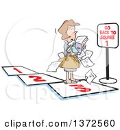 Poster, Art Print Of Cartoon Caucasian Business Woman Carrying Paperwork On A Path Facing A Go Back To Square 1 Sign