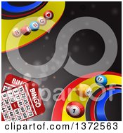 Poster, Art Print Of 3d Bingo Balls Rolling On Colorful Curves With Cards Over Gray And Flares