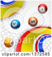 Clipart Of 3d Bingo Balls Rolling Over White Lattice With Colorful Curves Royalty Free Vector Illustration