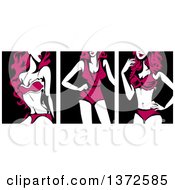 Clipart Of Women Wearing Sexy Pink Lingerie On Black Royalty Free Vector Illustration