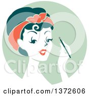 Poster, Art Print Of Retro Woman Applying Eyeshadow Over A Green Circle