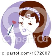 Clipart Of A Retro Brunette Woman Applying Blush Over A Purple Circle Royalty Free Vector Illustration