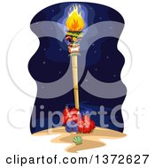 Tiki Torch With Hibiscus Flowers And Shells On A Beach At Night
