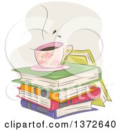Poster, Art Print Of Hot Floral Coffee Cup On A Stack Of Books