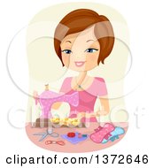 Poster, Art Print Of Brunette White Woman Using A Sewing Machine To Make Sanitary Napkins