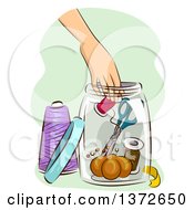 Womans Hand Reaching For A Spool In A Jar Of Sewing Materials