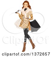 Brunette White Woman Wearing A Fur Coat And Shopping