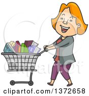 Poster, Art Print Of Cartoon Red Haired White Woman Smiling And Shopping For Books