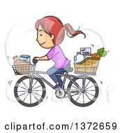 Cartoon Red Haired White Woman Riding A Bicycle With Groceries In Baskets