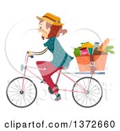 Poster, Art Print Of Red Haired White Woman Riding A Bicycle With Groceries In A Basket