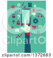 Poster, Art Print Of Flat Design Hand Using A Smart Phone With Apps On Green