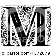 Clipart Of A Black And White Vintage Letter M Monogram Royalty Free Vector Illustration