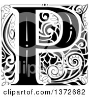 Clipart Of A Black And White Vintage Letter P Monogram Royalty Free Vector Illustration