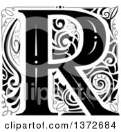 Clipart Of A Black And White Vintage Letter R Monogram Royalty Free Vector Illustration
