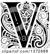 Clipart Of A Black And White Vintage Letter V Monogram Royalty Free Vector Illustration