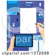 Poster, Art Print Of Hands Holding A Tablet Computer And Writing Notes On A Desk