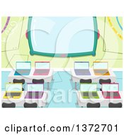 Poster, Art Print Of Computer Lab With Colorful Laptops On Desks And A Screen