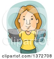 Poster, Art Print Of Blond White Woman Holding A Book And Tablet Computer