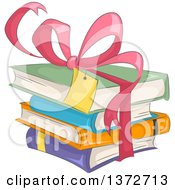 Poster, Art Print Of Pink Gift Bow And Ribbon Around A Stack Of Books