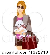 Happy Dirtly Blond White Woman Wearing Sunglasses And Carrying A Poodle