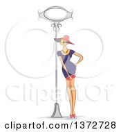 Sketched Blond White Woman In A Fashionable Dress Leaning Against A Sign Post