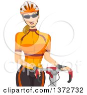 Clipart Of A Blond White Woman Wearing Sunglasses And A Helmet Standing By A Bicycle Royalty Free Vector Illustration